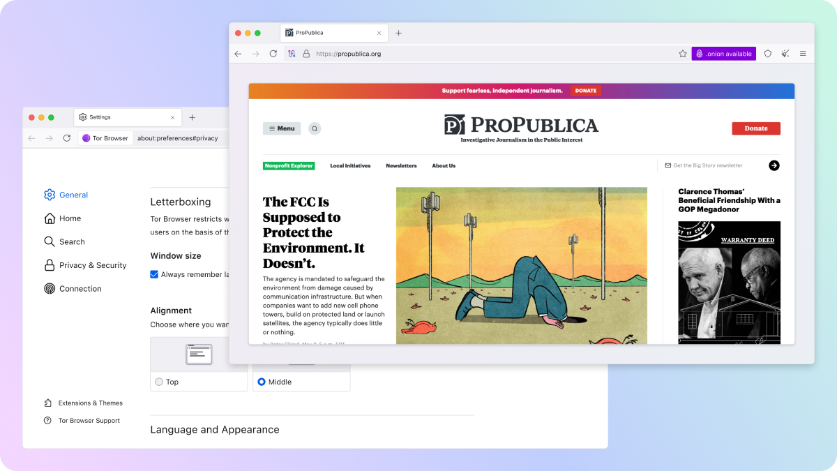 Screenshot of two desktop browser windows displaying the new letterboxing features